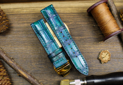 Aqua Green Alligator Leather Watch Strap 24mm 22mm 21mm 20mm Handmade Leather Watch Band Deployant Clasp Alligator Leather 18mm 16mm 14mm