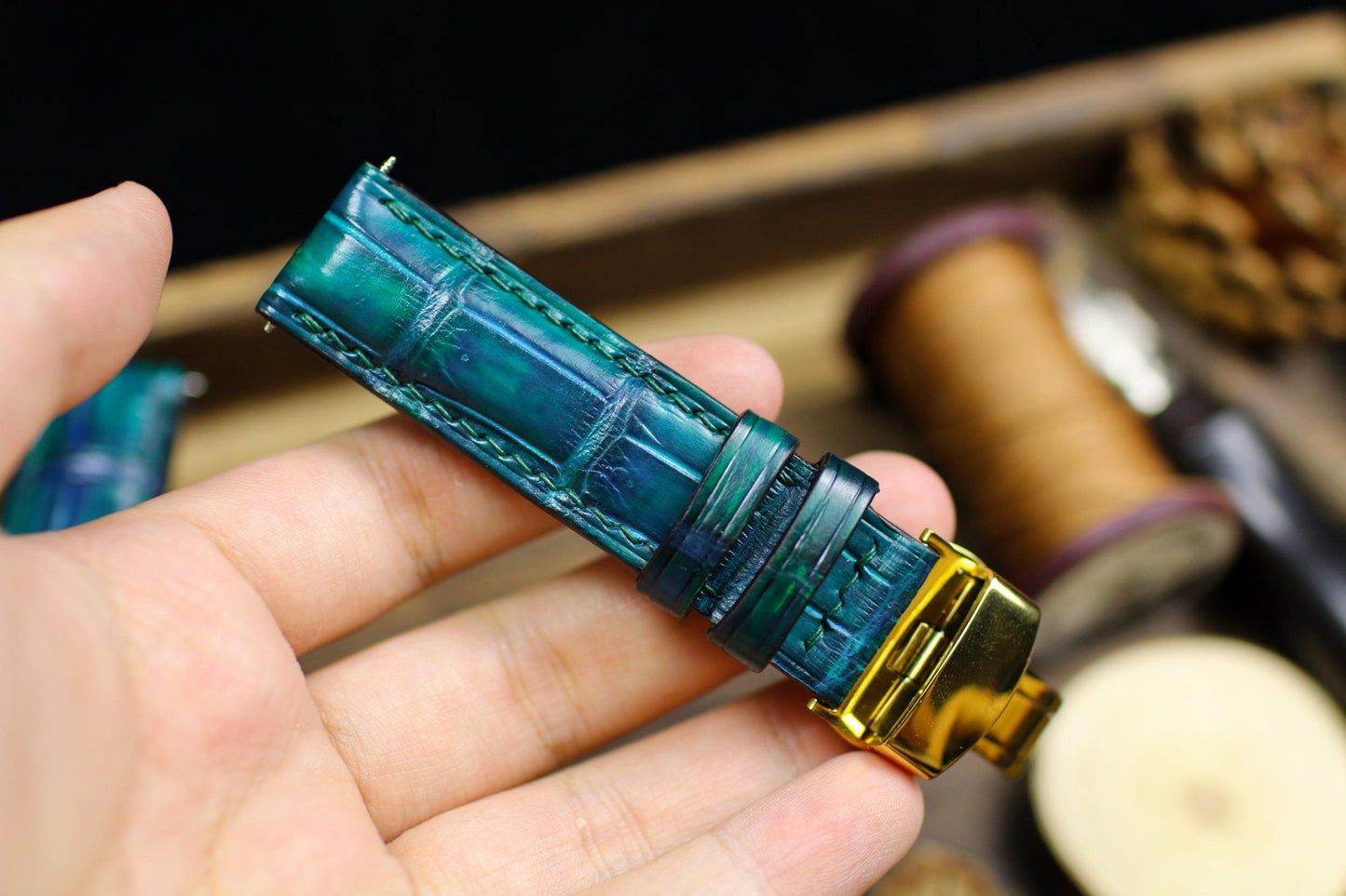 Aqua Green Alligator Leather Watch Strap 24mm 22mm 21mm 20mm Handmade Leather Watch Band Deployant Clasp Alligator Leather 18mm 16mm 14mm