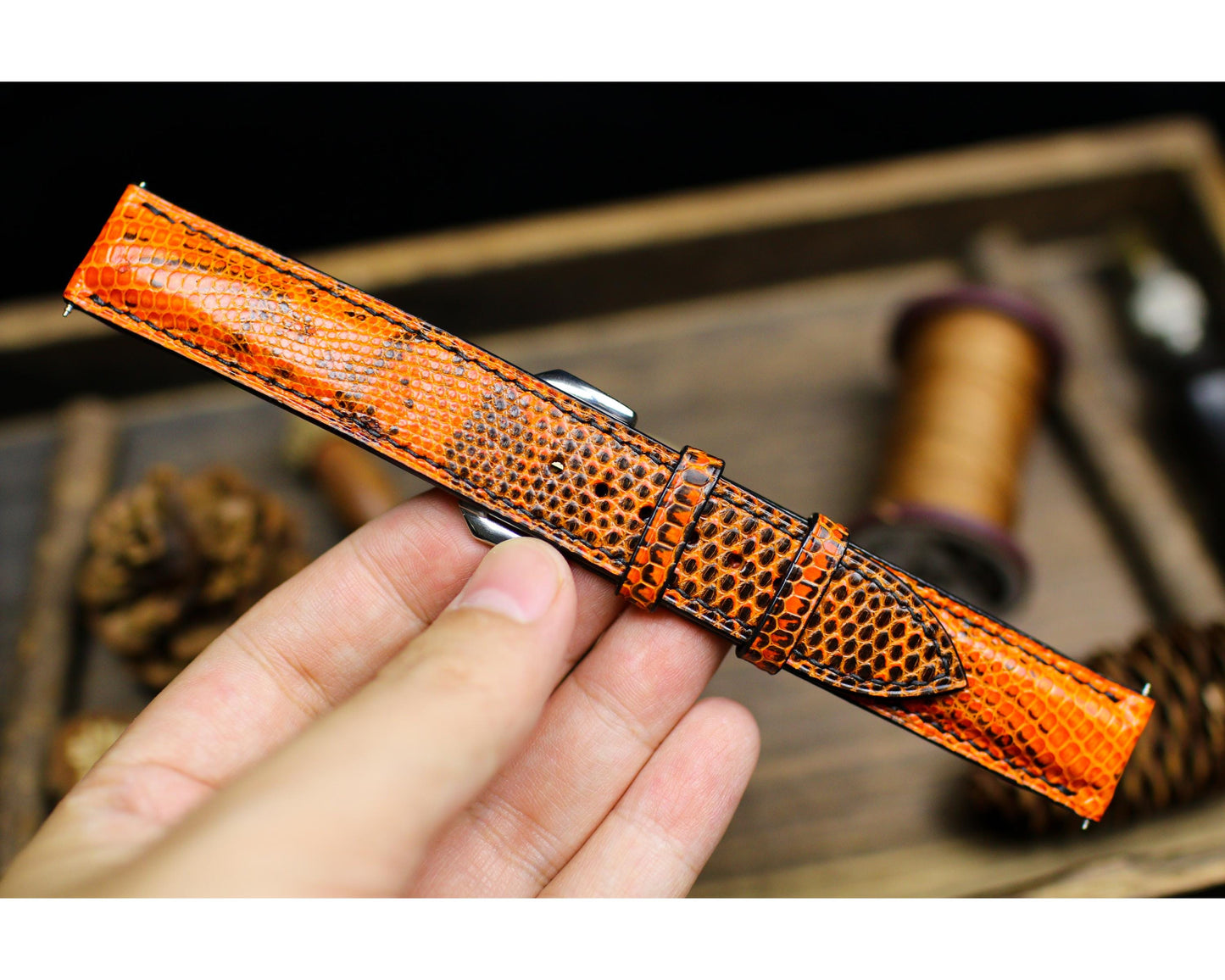 Orange Black Lizard Leather Watch Strap 24mm 22mm 21mm 20mm Handmade Leather Lizard Watch Band Lizard Leather Watch Strap 18mm 16mm 14mm