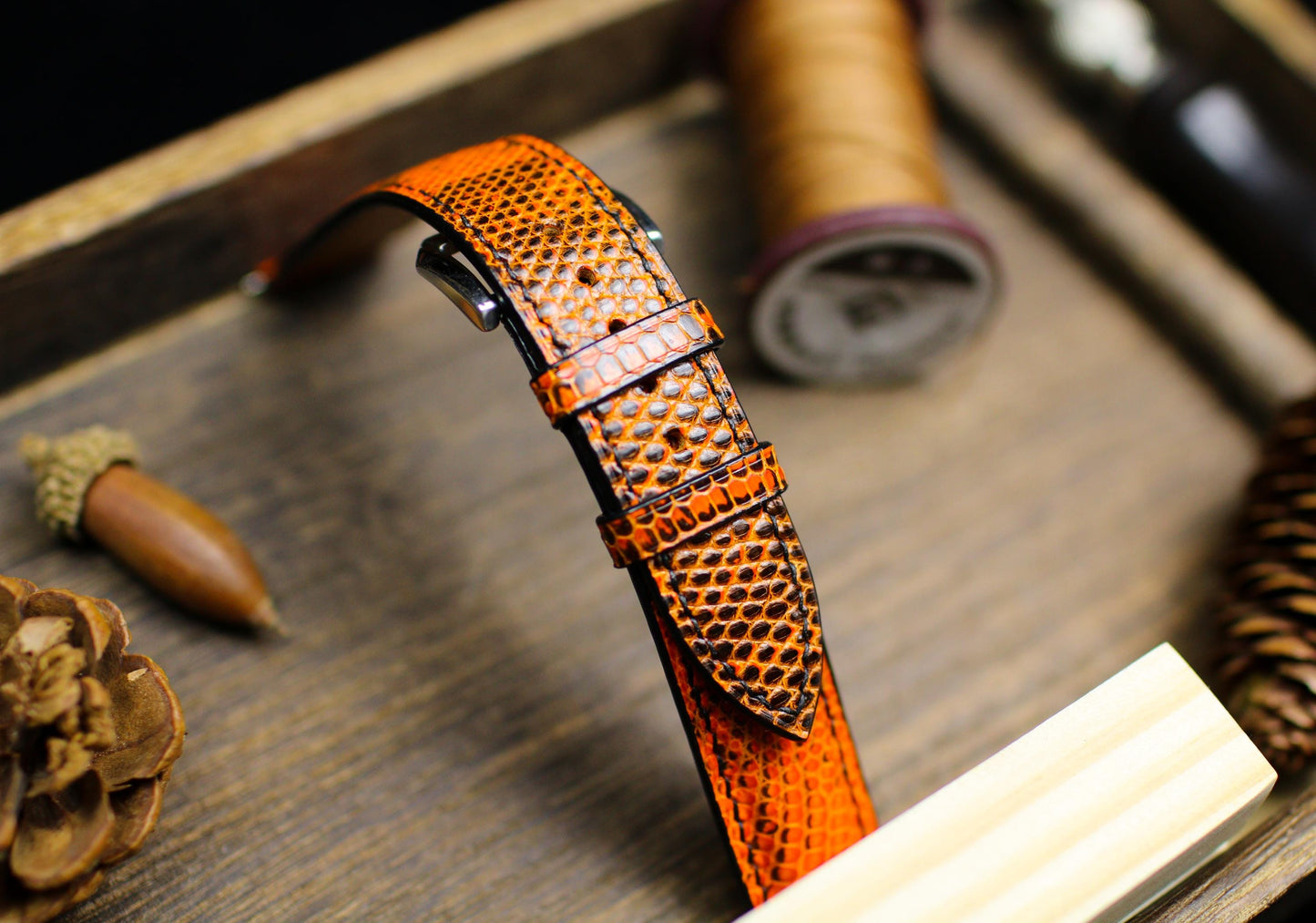 Orange Black Lizard Leather Watch Strap 24mm 22mm 21mm 20mm Handmade Leather Lizard Watch Band Lizard Leather Watch Strap 18mm 16mm 14mm