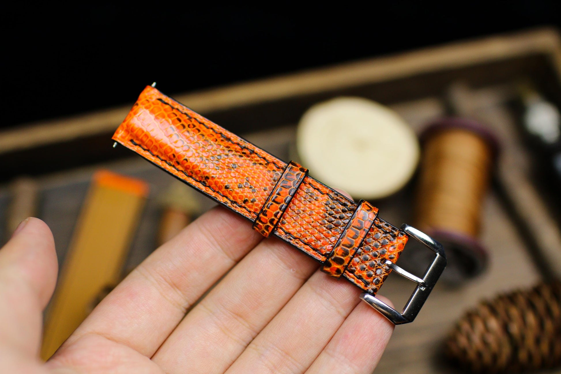Orange Black Lizard Leather Watch Strap 24mm 22mm 21mm 20mm Handmade Leather Lizard Watch Band Lizard Leather Watch Strap 18mm 16mm 14mm