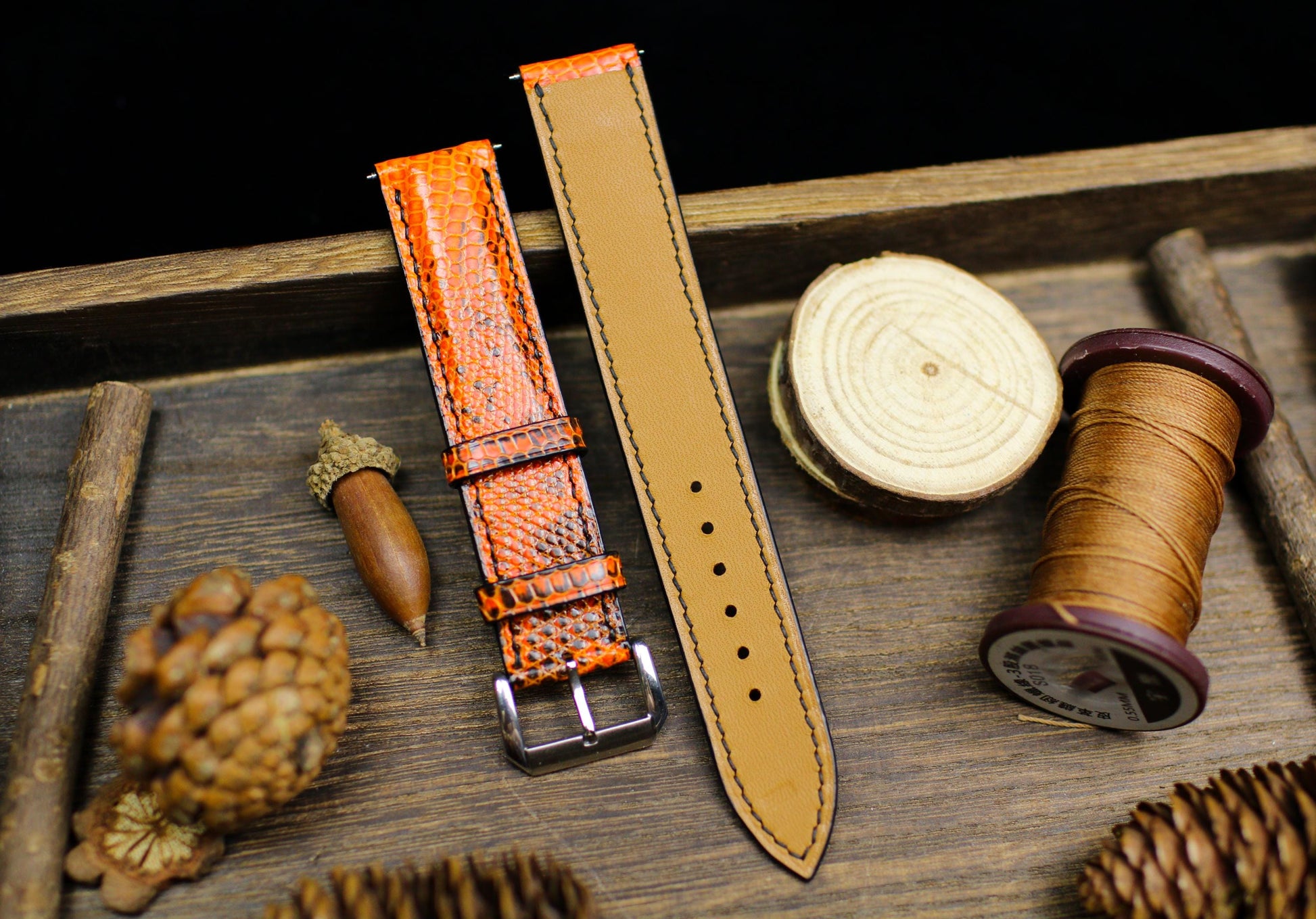 Orange Black Lizard Leather Watch Strap 24mm 22mm 21mm 20mm Handmade Leather Lizard Watch Band Lizard Leather Watch Strap 18mm 16mm 14mm