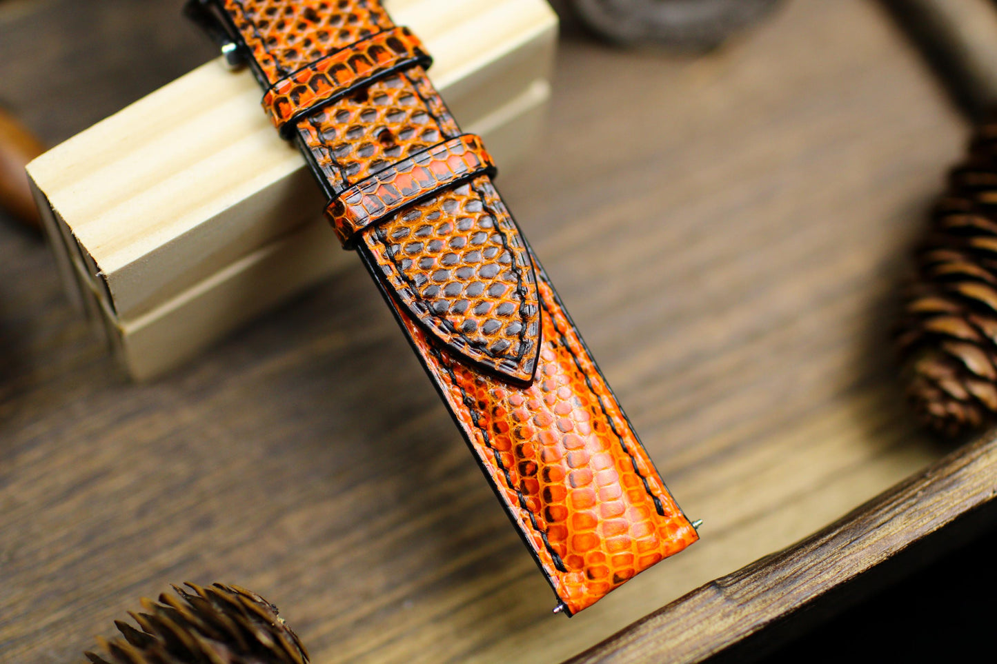 Orange Black Lizard Leather Watch Strap 24mm 22mm 21mm 20mm Handmade Leather Lizard Watch Band Lizard Leather Watch Strap 18mm 16mm 14mm