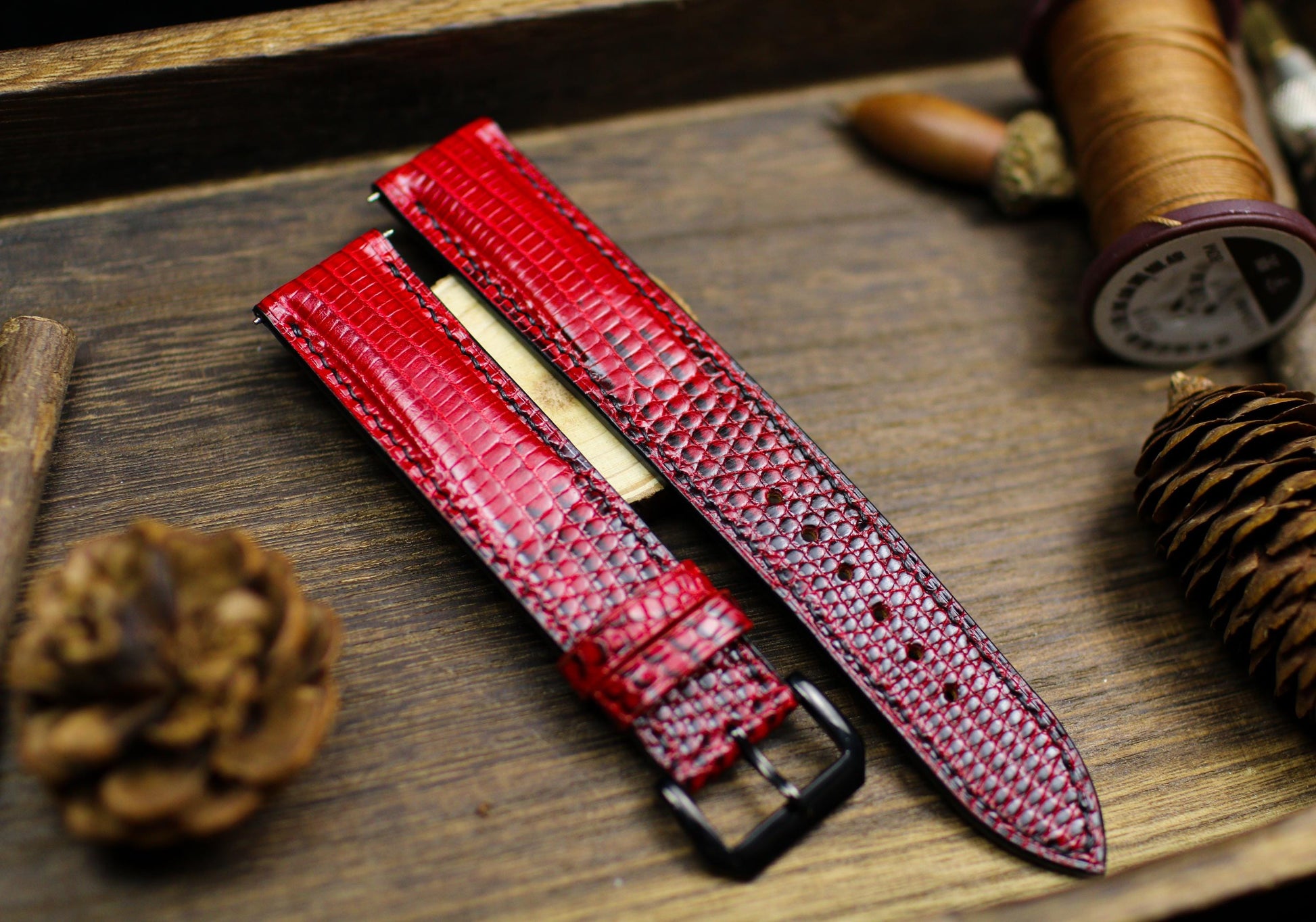 Red Black Lizard Leather Watch Strap 24mm 22mm 20mm Handmade Leather Red Patina Lizard Watch Band Lizard Leather Watch Strap 18mm 16mm 14mm