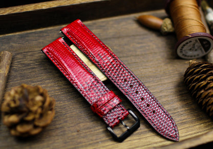 Red Black Lizard Leather Watch Strap 24mm 22mm 20mm Handmade Leather Red Patina Lizard Watch Band Lizard Leather Watch Strap 18mm 16mm 14mm