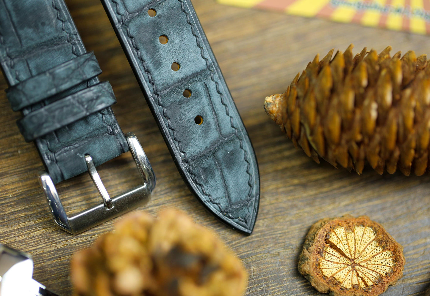 Waxy Black Alligator Leather Watch Strap 24mm 22mm 21mm 20mm Waxy Leather Watch Band Deployant Clasp Grey Alligator Leather 18mm 16mm 14mm