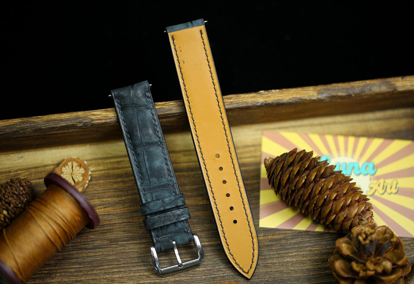 Waxy Black Alligator Leather Watch Strap 24mm 22mm 21mm 20mm Waxy Leather Watch Band Deployant Clasp Grey Alligator Leather 18mm 16mm 14mm