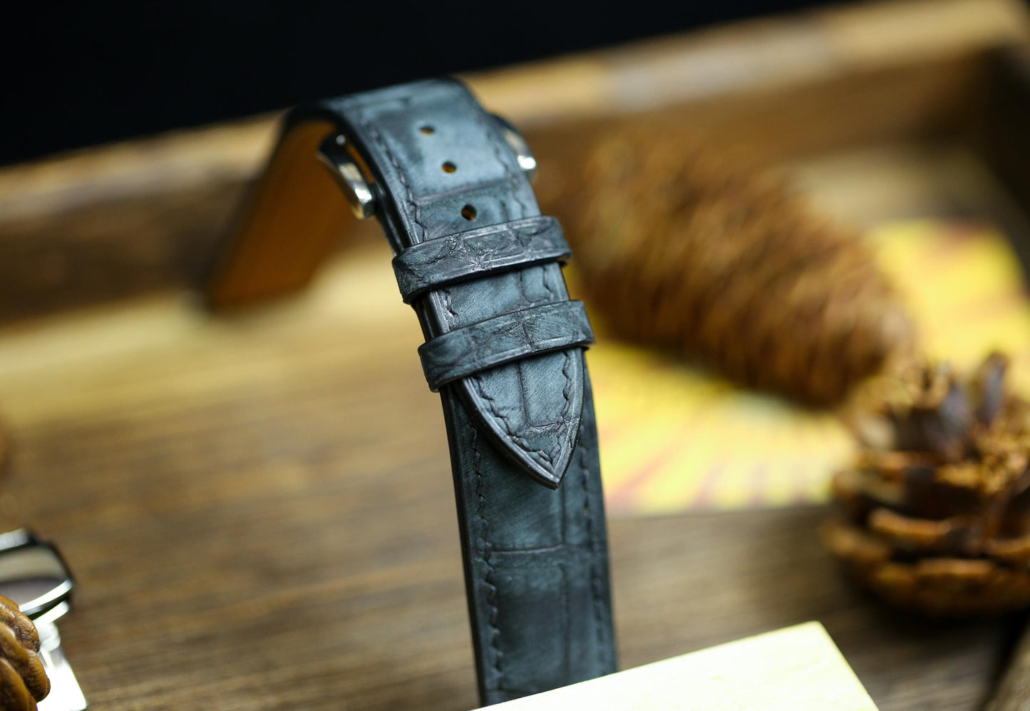 Waxy Black Alligator Leather Watch Strap 24mm 22mm 21mm 20mm Waxy Leather Watch Band Deployant Clasp Grey Alligator Leather 18mm 16mm 14mm