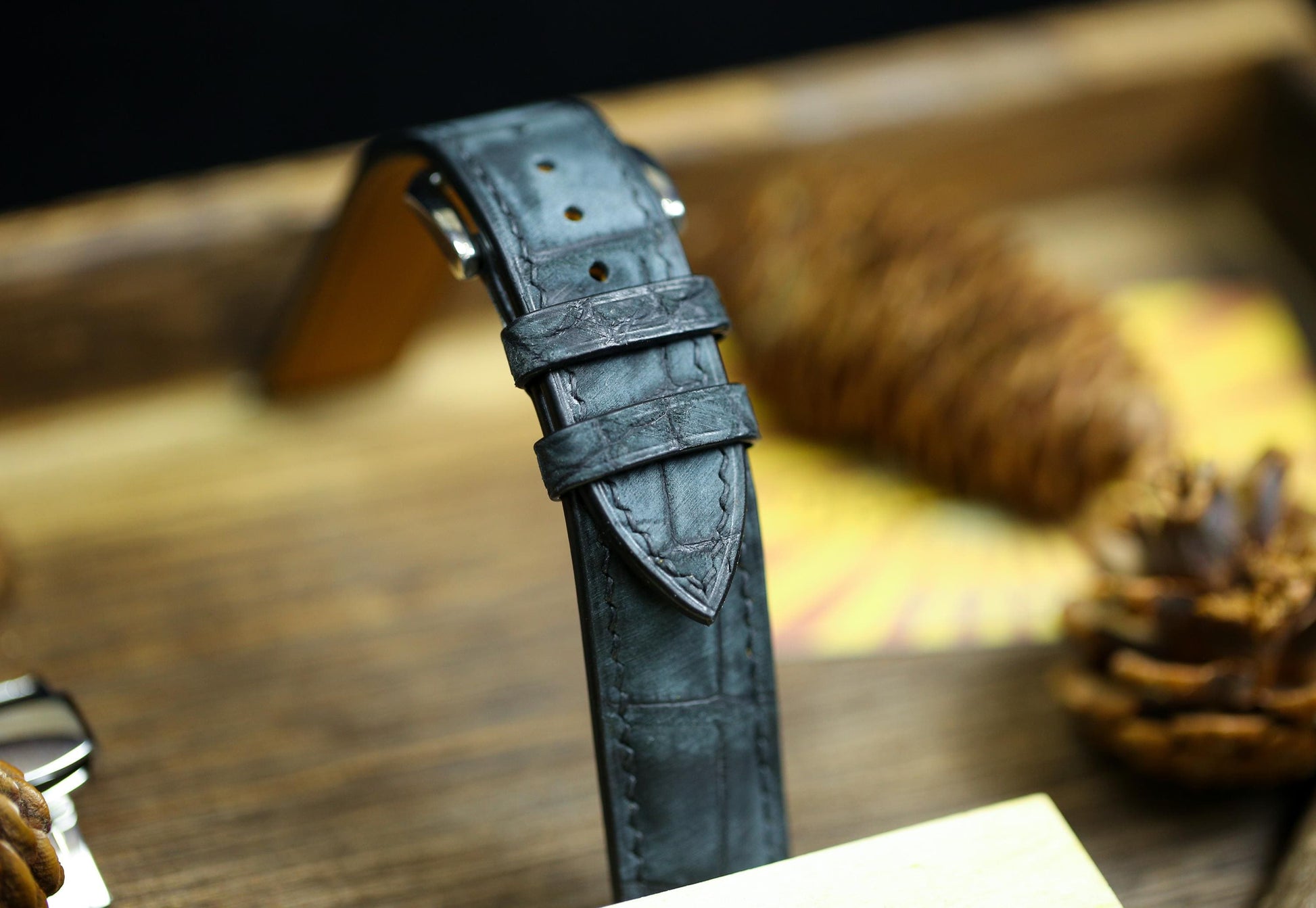 Waxy Black Alligator Leather Watch Strap 24mm 22mm 21mm 20mm Waxy Leather Watch Band Deployant Clasp Grey Alligator Leather 18mm 16mm 14mm