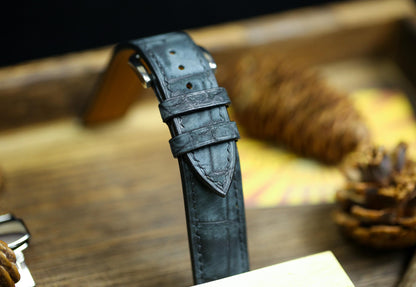 Waxy Black Alligator Leather Watch Strap 24mm 22mm 21mm 20mm Waxy Leather Watch Band Deployant Clasp Grey Alligator Leather 18mm 16mm 14mm