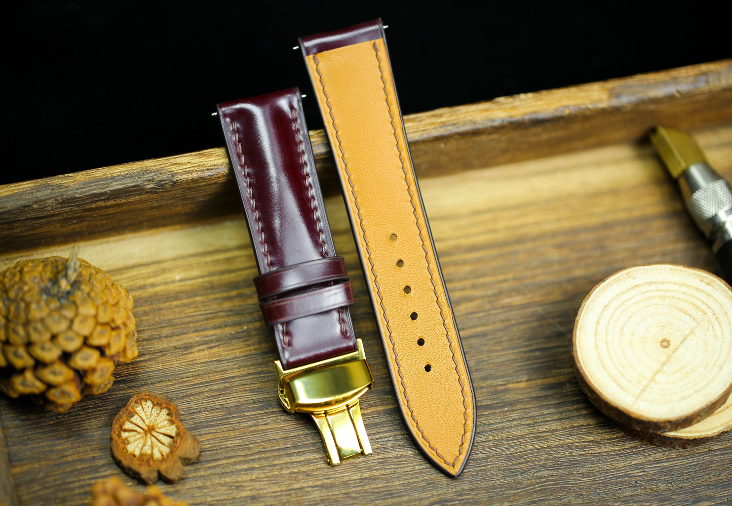 Cognac Oxblood Shell Cordovan Leather Cherry Red Watch Strap 24mm 22mm 21mm 20mm Strap Deployant Clasp Leather 18mm 16mm 14mm Watch Band