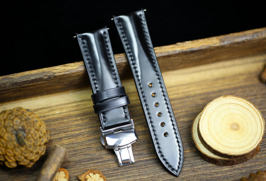 Black Shell Cordovan Leather Watch Strap 24mm 22mm 21mm 20mm Leather Watch Band Deployant Clasp Shell Cordovan Leather 18mm 16mm 14mm