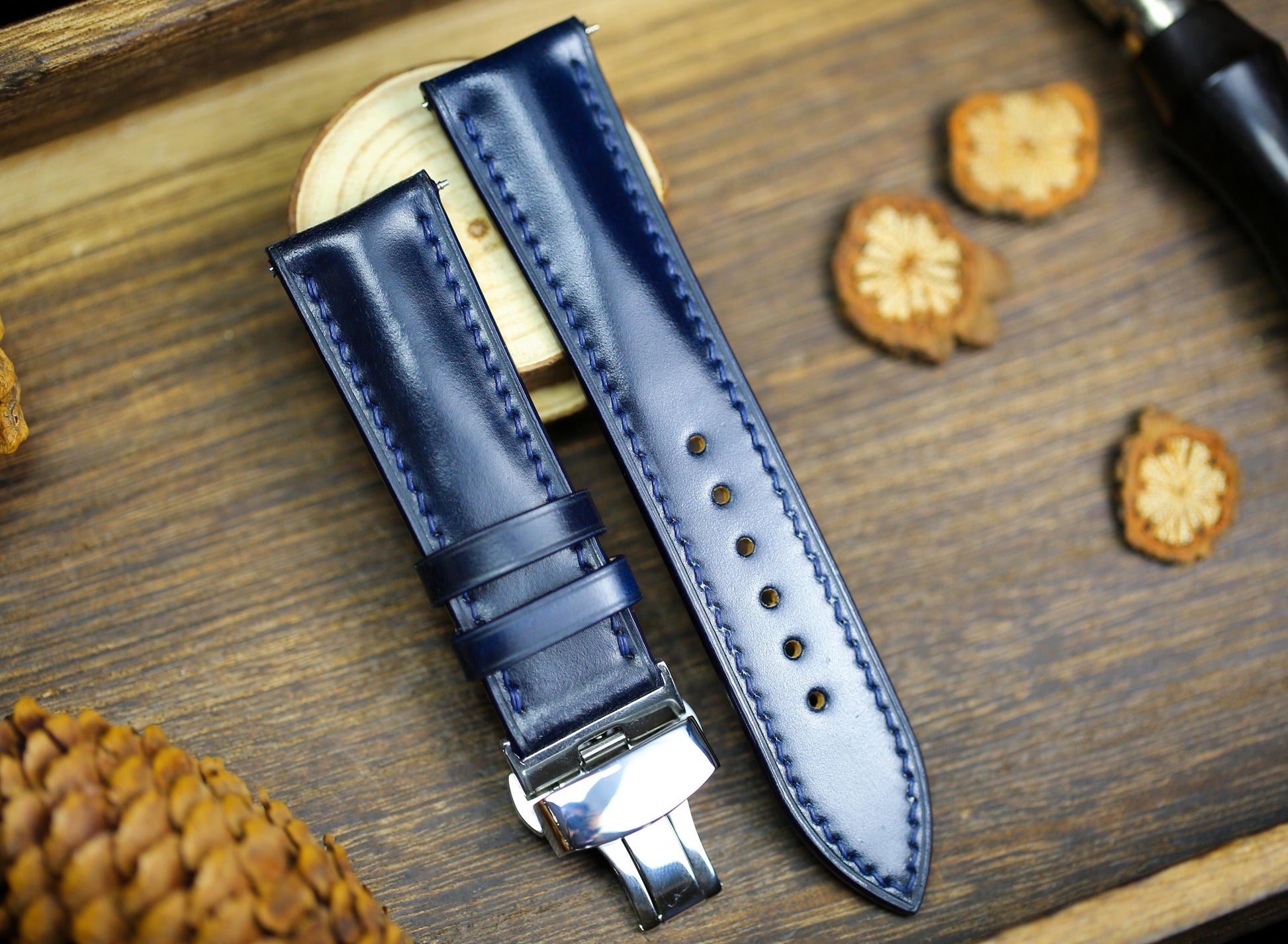 Navy Shell Cordovan Dark Blue Leather Watch Strap 24mm 22mm 21mm 20mm Strap Deployant Clasp Shell Cordovan Leather 18mm 16mm 14mm Watch Band