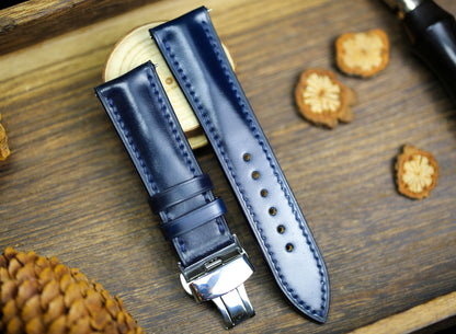 Navy Shell Cordovan Dark Blue Leather Watch Strap 24mm 22mm 21mm 20mm Strap Deployant Clasp Shell Cordovan Leather 18mm 16mm 14mm Watch Band
