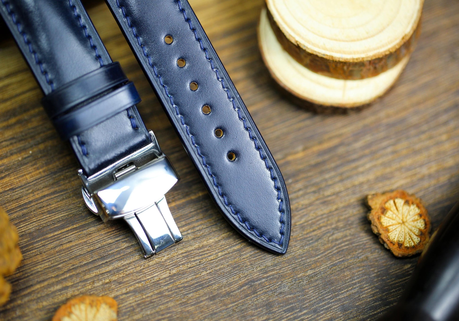 Navy Shell Cordovan Dark Blue Leather Watch Strap 24mm 22mm 21mm 20mm Strap Deployant Clasp Shell Cordovan Leather 18mm 16mm 14mm Watch Band