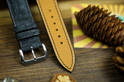 Waxy Black Alligator Leather Watch Strap 24mm 22mm 21mm 20mm Waxy Leather Watch Band Deployant Clasp Grey Alligator Leather 18mm 16mm 14mm