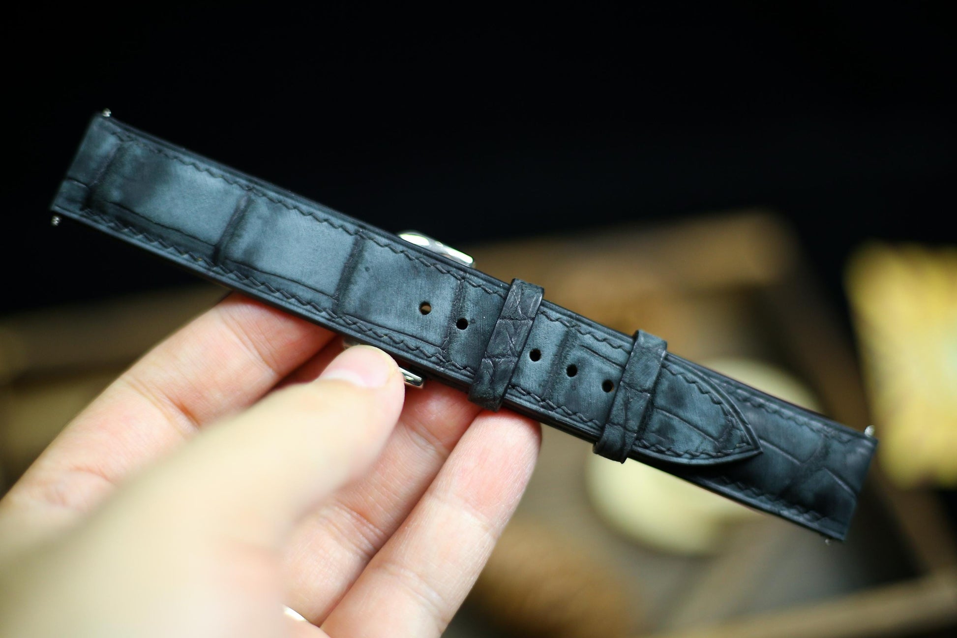 Waxy Black Alligator Leather Watch Strap 24mm 22mm 21mm 20mm Waxy Leather Watch Band Deployant Clasp Grey Alligator Leather 18mm 16mm 14mm