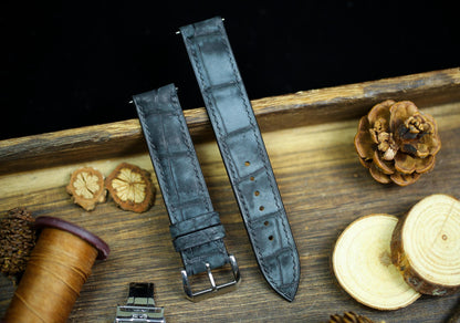 Waxy Black Alligator Leather Watch Strap 24mm 22mm 21mm 20mm Waxy Leather Watch Band Deployant Clasp Grey Alligator Leather 18mm 16mm 14mm