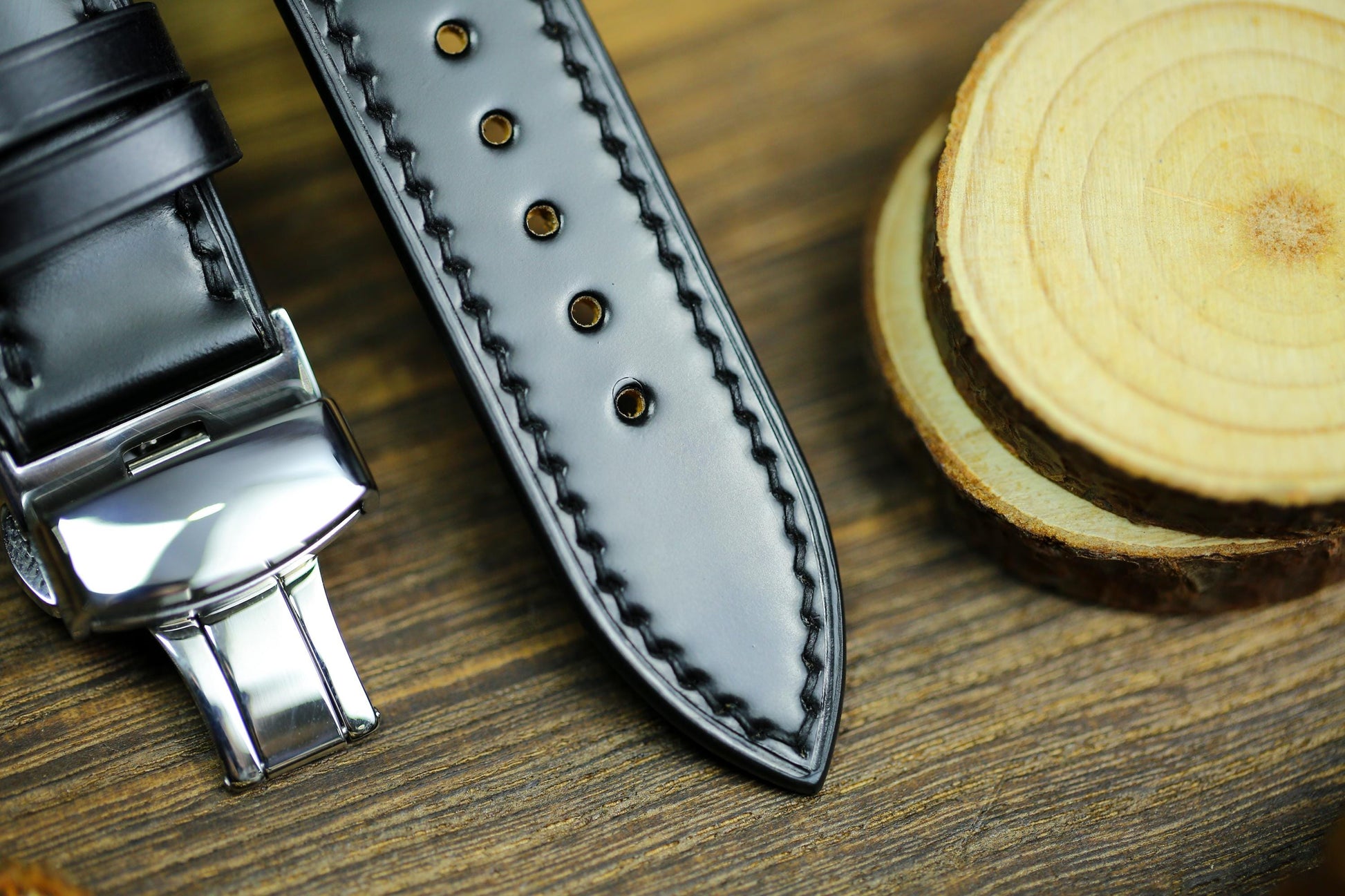 Black Shell Cordovan Leather Watch Strap 24mm 22mm 21mm 20mm Shining Leather Band Deployant Clasp Shell Cordovan Leather 18mm 16mm 14mm