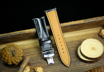 Black Shell Cordovan Leather Watch Strap 24mm 22mm 21mm 20mm Leather Watch Band Deployant Clasp Shell Cordovan Leather 18mm 16mm 14mm