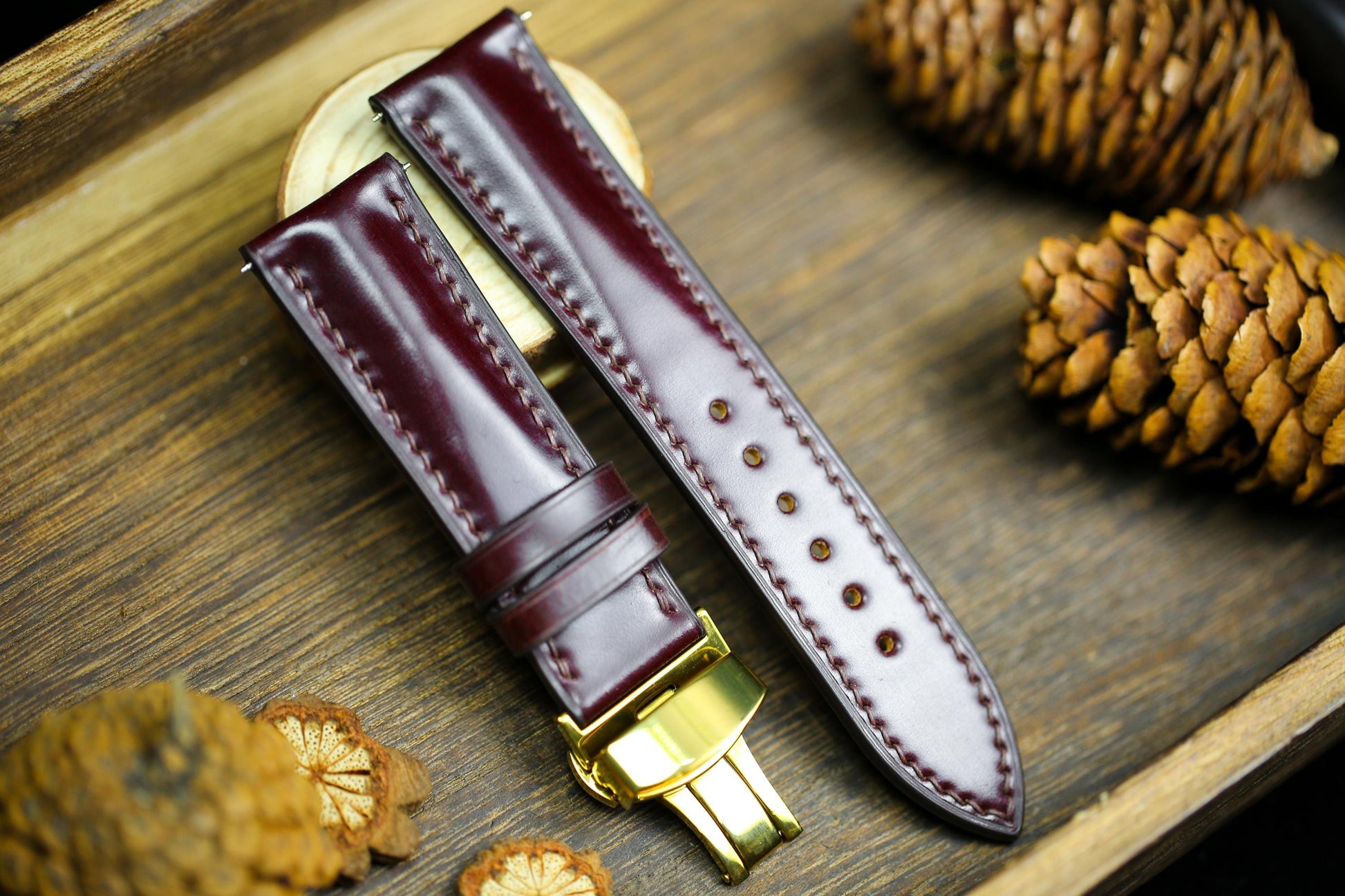 Cognac Oxblood Shell Cordovan Leather Cherry Red Watch Strap 24mm 22mm 21mm 20mm Strap Deployant Clasp Leather 18mm 16mm 14mm Watch Band