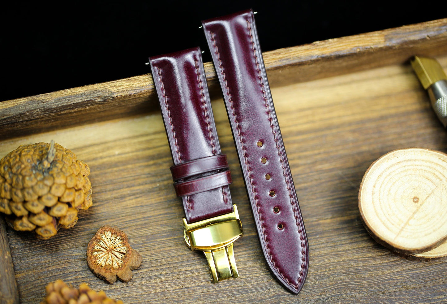 Cognac Oxblood Shell Cordovan Leather Cherry Red Watch Strap 24mm 22mm 21mm 20mm Strap Deployant Clasp Leather 18mm 16mm 14mm Watch Band