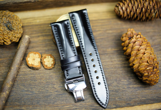 Black Shell Cordovan Leather Watch Strap 24mm 22mm 21mm 20mm Shining Leather Band Deployant Clasp Shell Cordovan Leather 18mm 16mm 14mm
