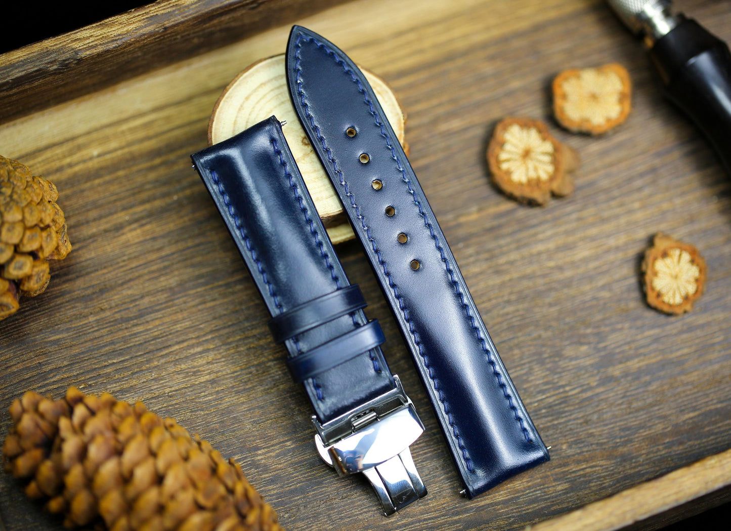 Navy Shell Cordovan Dark Blue Leather Watch Strap 24mm 22mm 21mm 20mm Strap Deployant Clasp Shell Cordovan Leather 18mm 16mm 14mm Watch Band
