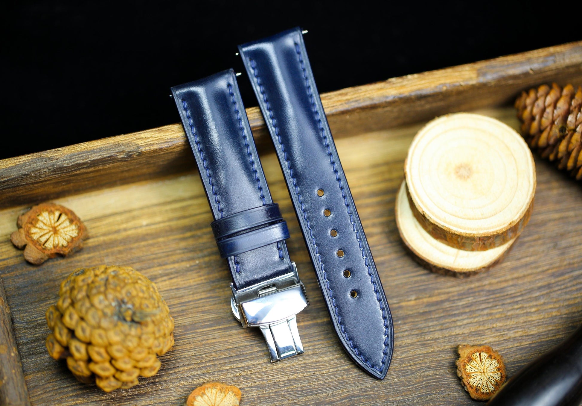 Navy Shell Cordovan Dark Blue Leather Watch Strap 24mm 22mm 21mm 20mm Strap Deployant Clasp Shell Cordovan Leather 18mm 16mm 14mm Watch Band