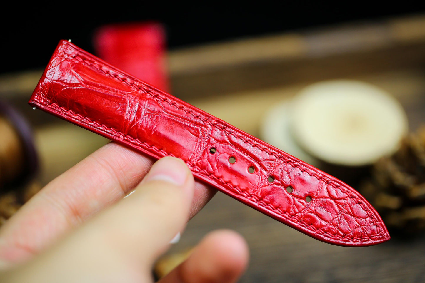 Bright Red Alligator Leather Watch Strap 24mm 22mm 21mm 20mm 19mm Handmade Leather Watch Band Clasp Red Alligator Leather 18mm 16mm 14mm