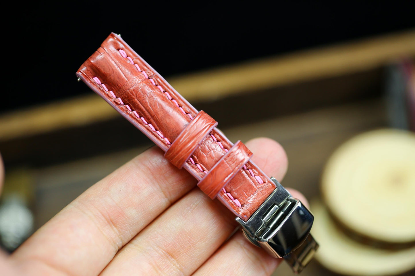Cute Pink Alligator Leather Watch Strap 24mm 22mm 21mm 20mm Handmade Leather Watch Band Clasp Pastel Girly Pink Alligator 18mm 16mm 14mm