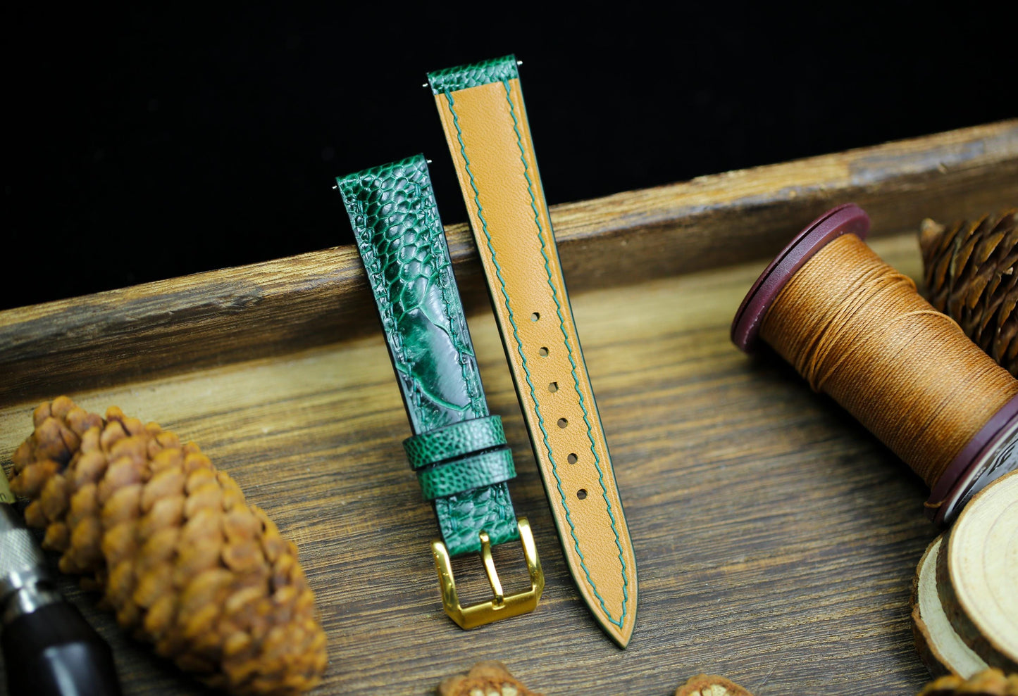 Green Ostrich Foot Leather Watch Strap 24mm 22mm 21mm 20mm 19mm Handmade Leather Watch Band Army Green Ostrich Leg Leather 18mm 16mm 14mm
