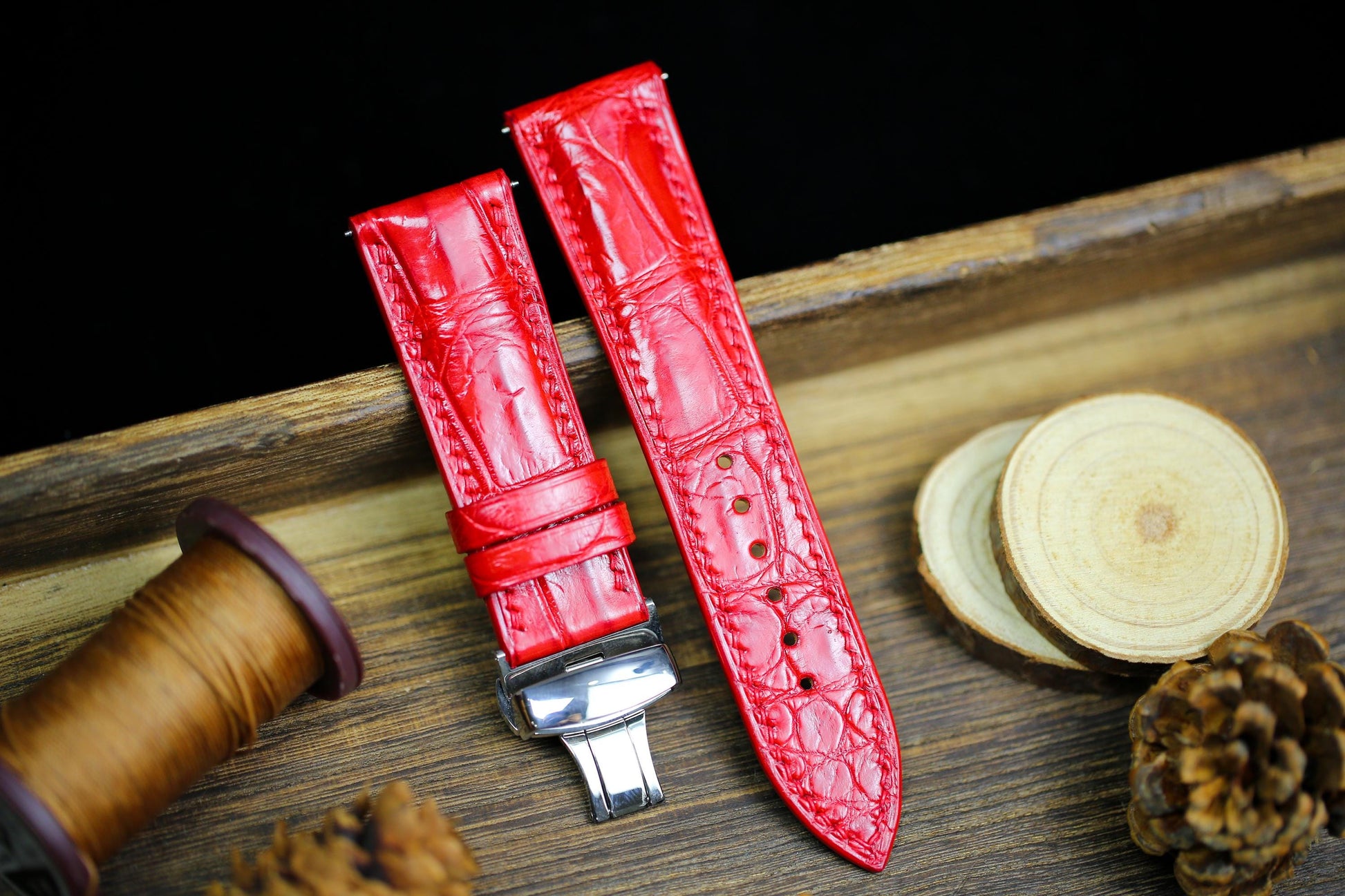 Bright Red Alligator Leather Watch Strap 24mm 22mm 21mm 20mm 19mm Handmade Leather Watch Band Clasp Red Alligator Leather 18mm 16mm 14mm