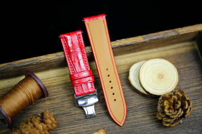 Bright Red Alligator Leather Watch Strap 24mm 22mm 21mm 20mm 19mm Handmade Leather Watch Band Clasp Red Alligator Leather 18mm 16mm 14mm