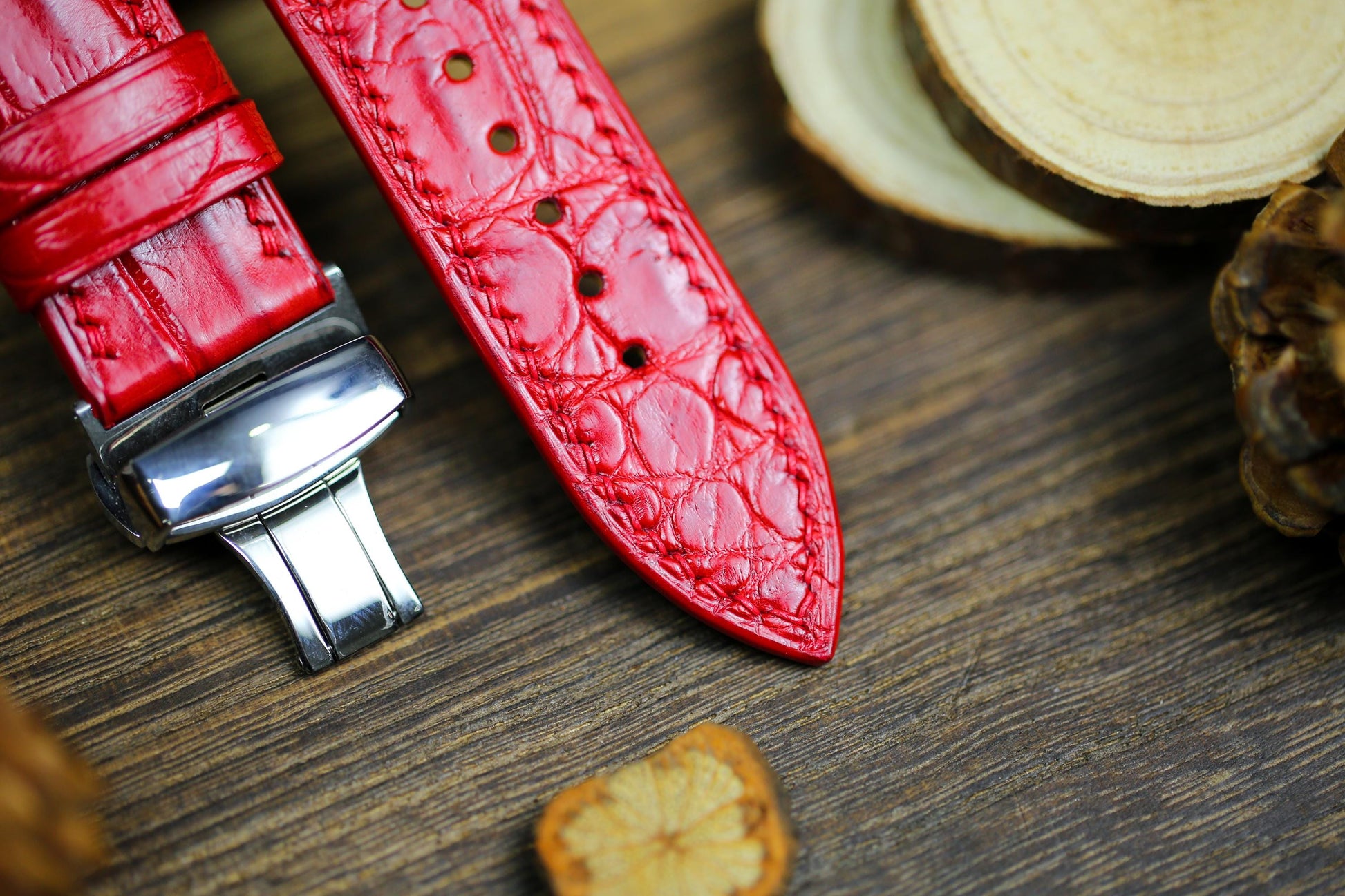 Bright Red Alligator Leather Watch Strap 24mm 22mm 21mm 20mm 19mm Handmade Leather Watch Band Clasp Red Alligator Leather 18mm 16mm 14mm