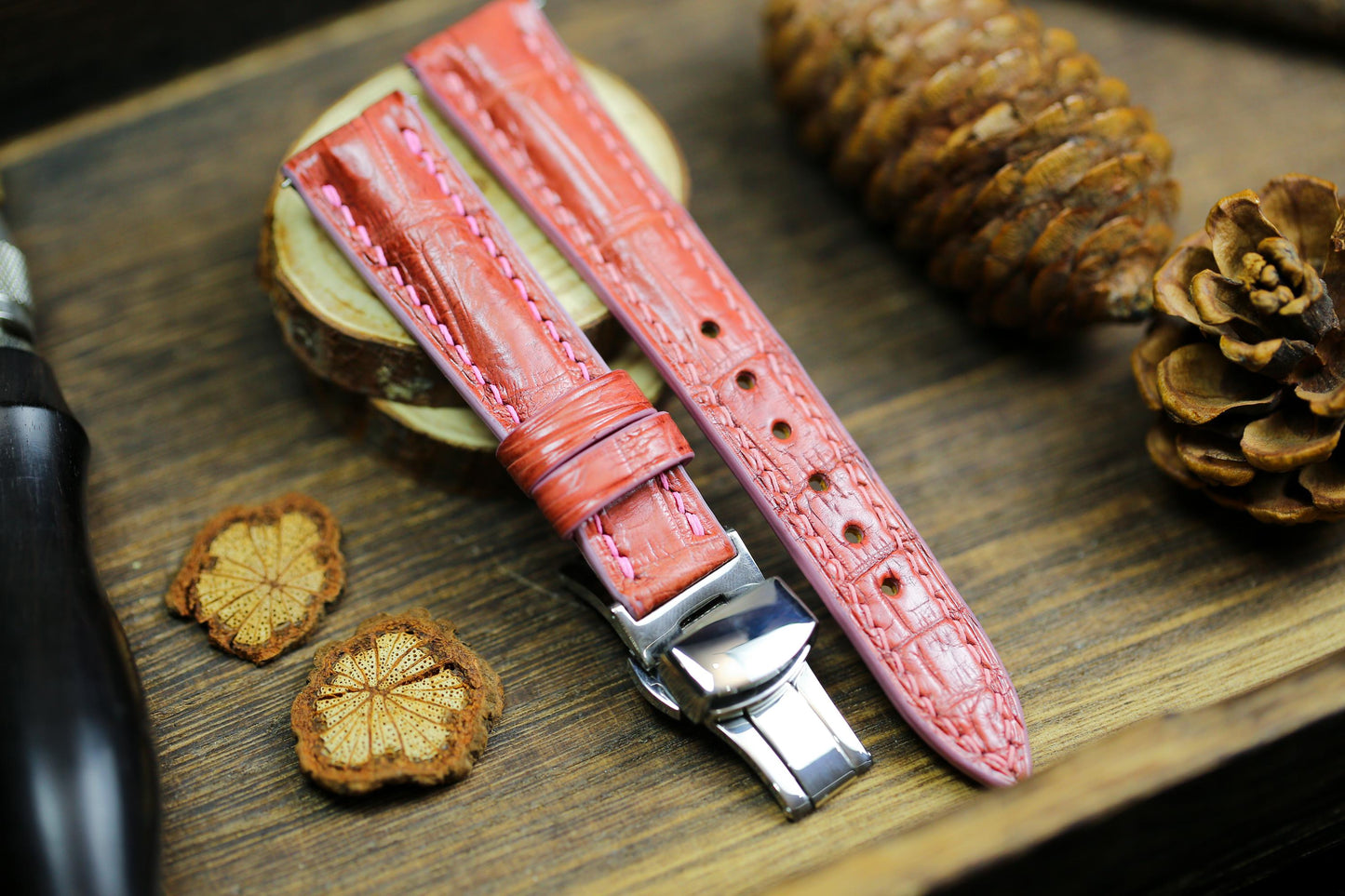 Cute Pink Alligator Leather Watch Strap 24mm 22mm 21mm 20mm Handmade Leather Watch Band Clasp Pastel Girly Pink Alligator 18mm 16mm 14mm
