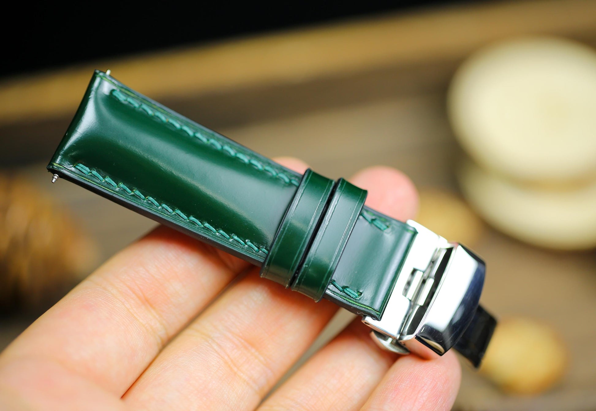 Green Shell Cordovan Watch Strap Leather Medium Army Green Cordovan 24mm 22mm 20mm Strap Deployant Clasp Leather 18mm 16mm 14mm Watch Band