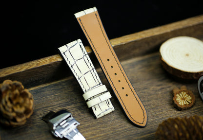 Slim Form White Cream Black Alligator Leather Watch Strap 24mm 22mm 20mm Leather Watch Band White Leather 18mm 16mm 14mm Deployant Clasp