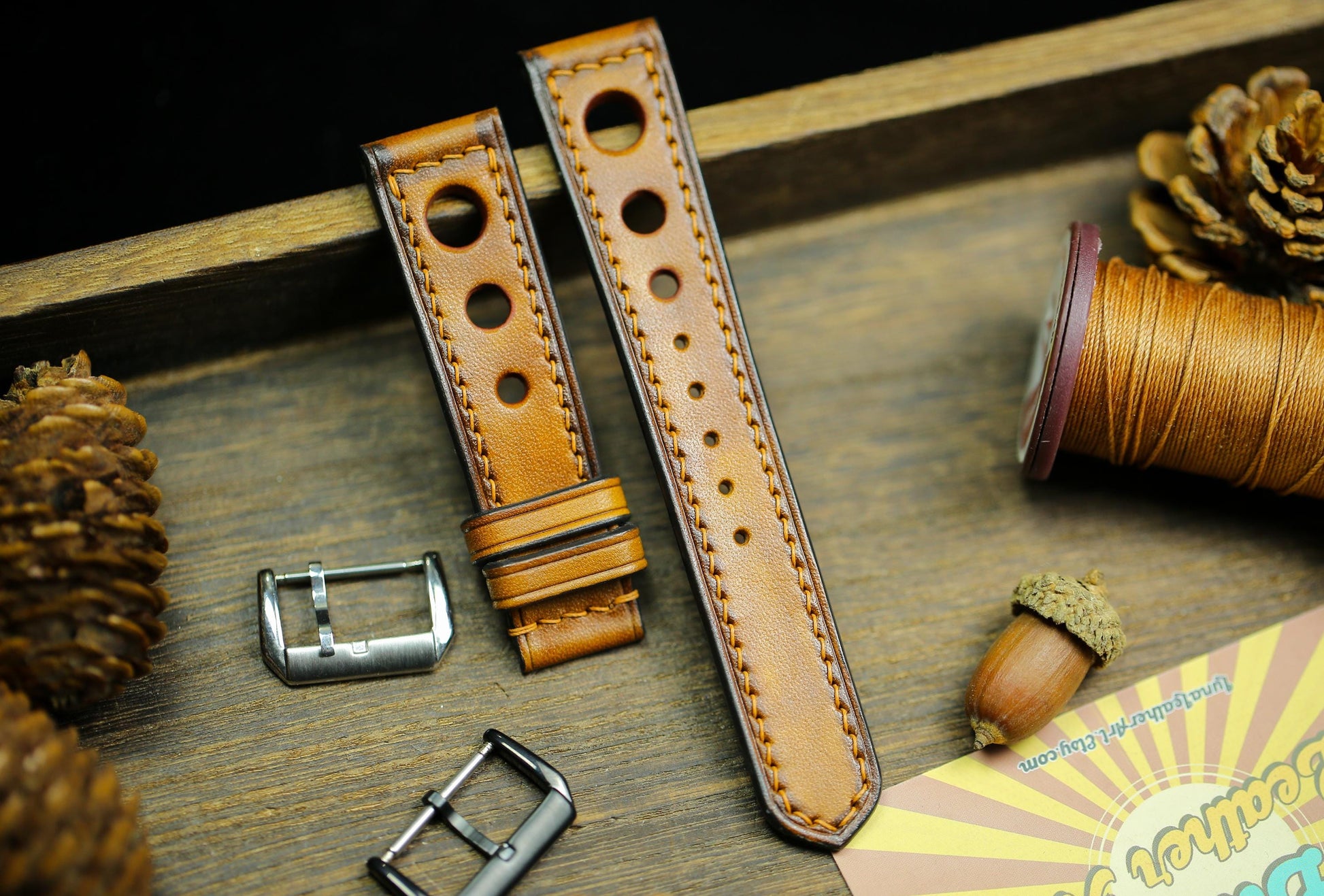 Rally Hole Watch Strap Brown British Tan Patina Leather 24mm 22mm 21mm 20mm Racing Style Watch Band Leather 18mm 16mm 14mm Watch Strap Clasp