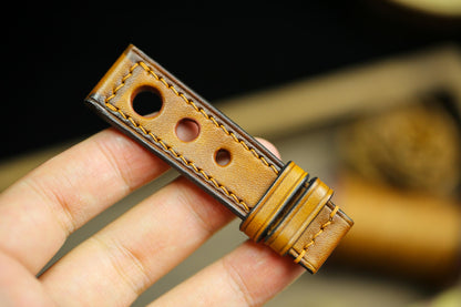 Rally Hole Watch Strap Brown British Tan Patina Leather 24mm 22mm 21mm 20mm Racing Style Watch Band Leather 18mm 16mm 14mm Watch Strap Clasp