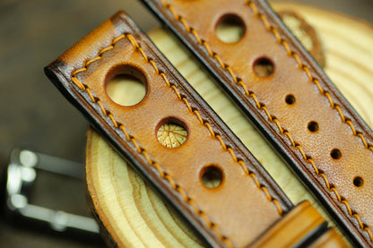 Rally Hole Watch Strap Brown British Tan Patina Leather 24mm 22mm 21mm 20mm Racing Style Watch Band Leather 18mm 16mm 14mm Watch Strap Clasp