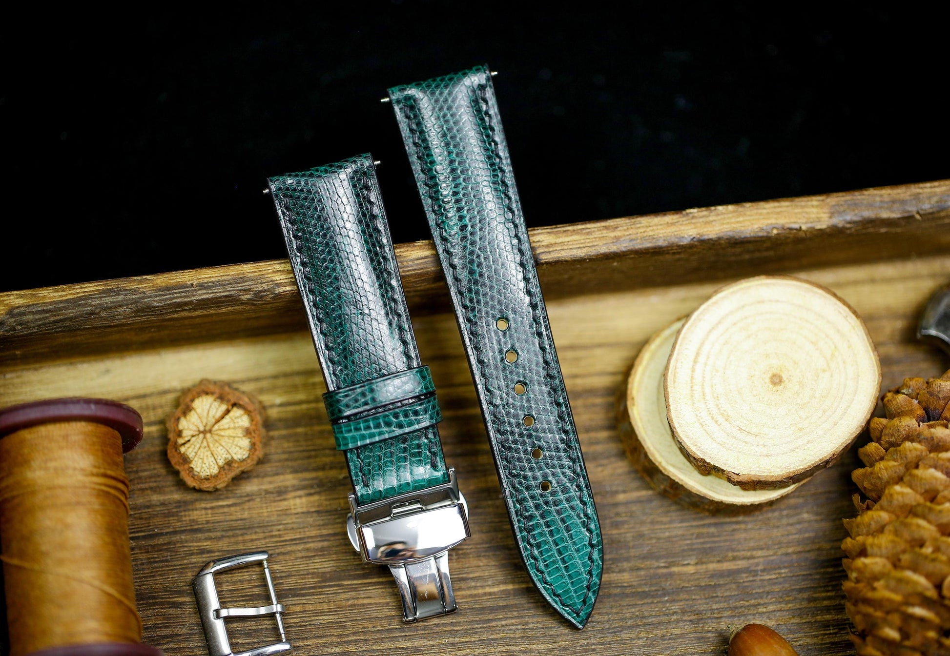 Green Black Lizard Leather Watch Strap 24mm 22mm 20mm Handmade Leather Green Patina Lizard Watch Band Lizard Leather Watch Strap 18mm 16mm