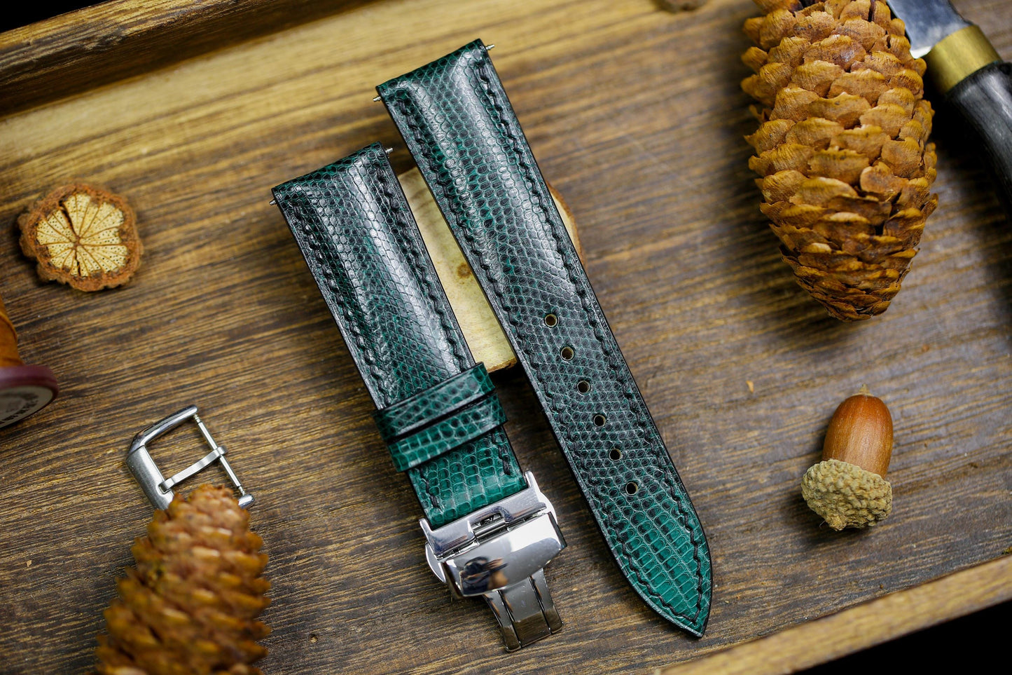 Green Black Lizard Leather Watch Strap 24mm 22mm 20mm Handmade Leather Green Patina Lizard Watch Band Lizard Leather Watch Strap 18mm 16mm