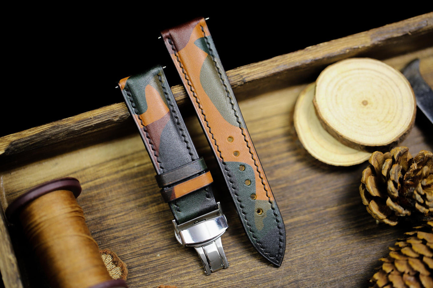 Camouflage Army Leather Watch Strap 24mm 22mm 21mm 20mm 19mm Camo Brown Green Leather Watch Band Clasp Vachetta Leather 18mm 16mm 14mm 12mm