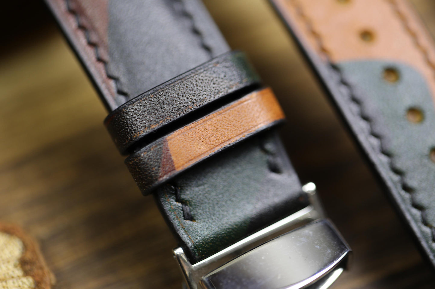 Camouflage Army Leather Watch Strap 24mm 22mm 21mm 20mm 19mm Camo Brown Green Leather Watch Band Clasp Vachetta Leather 18mm 16mm 14mm 12mm