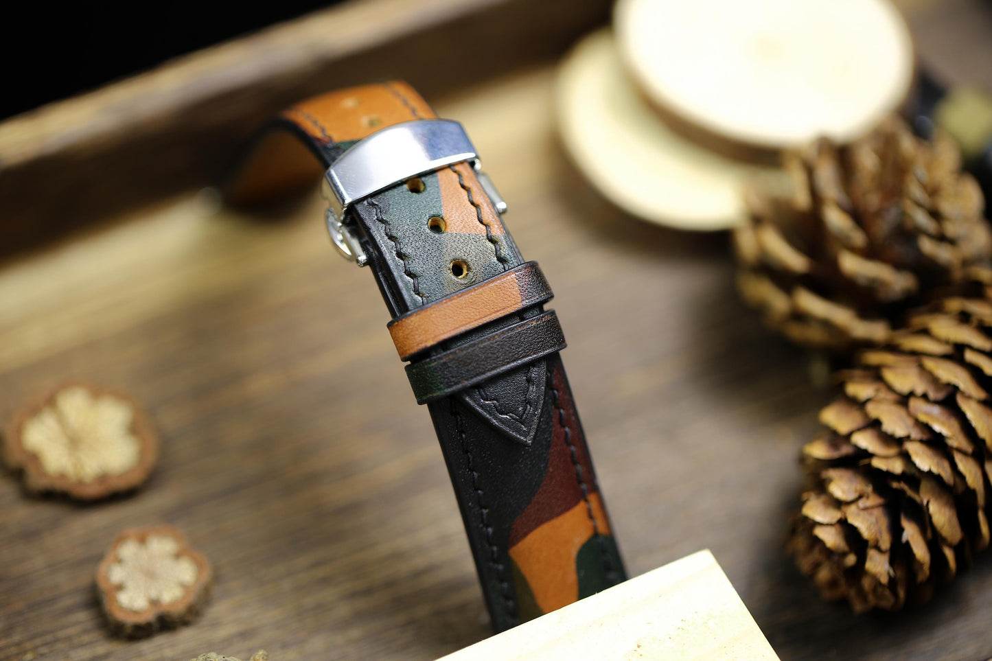 Camouflage Army Leather Watch Strap 24mm 22mm 21mm 20mm 19mm Camo Brown Green Leather Watch Band Clasp Vachetta Leather 18mm 16mm 14mm 12mm
