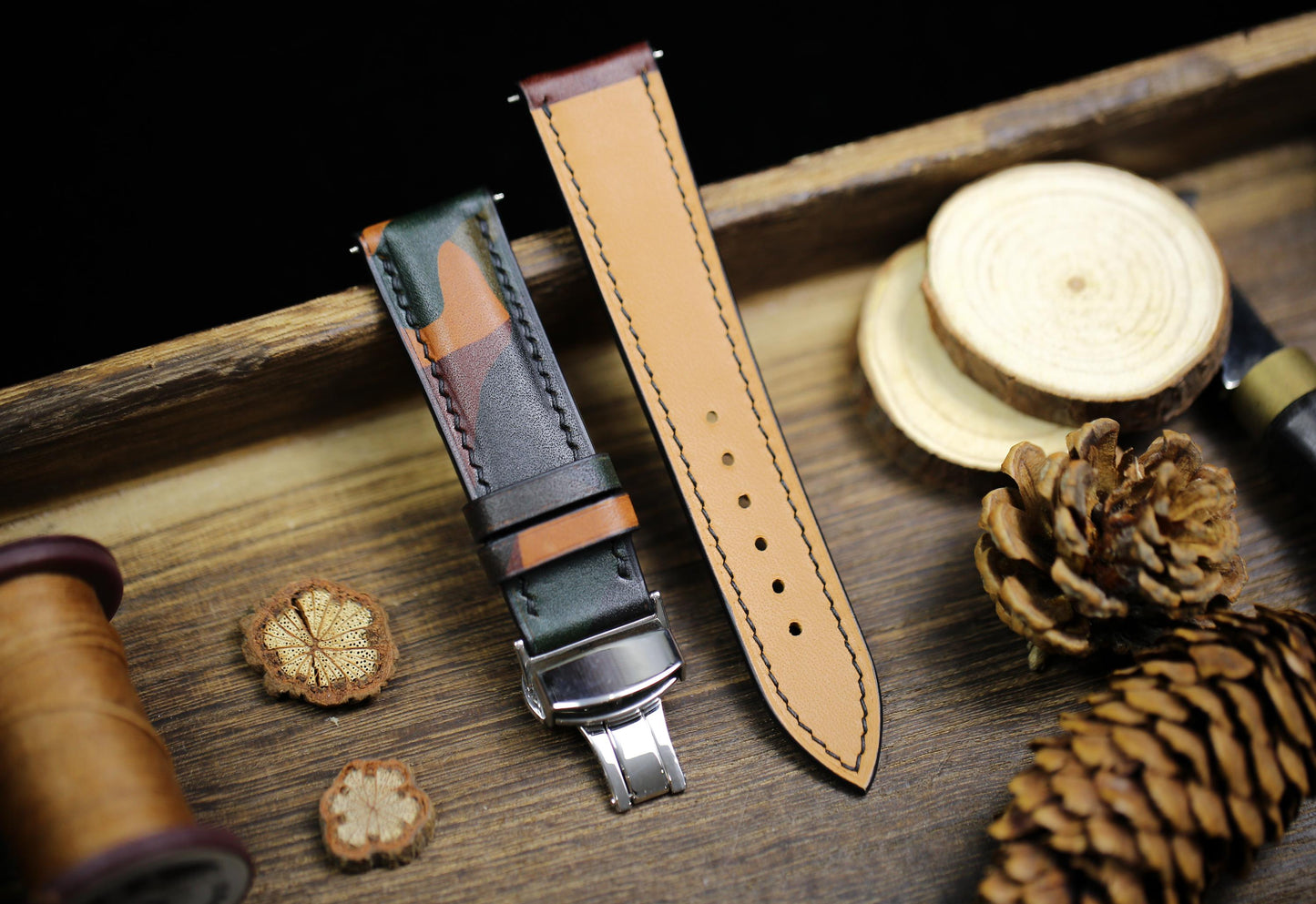 Camouflage Army Leather Watch Strap 24mm 22mm 21mm 20mm Amry Green Leather Watch Band Deployant Clasp Vachetta Leather 18mm 16mm 14mm 12mm