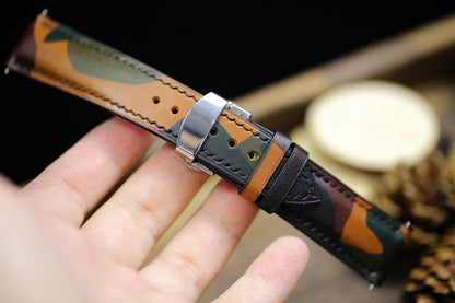 Camouflage Army Leather Watch Strap 24mm 22mm 21mm 20mm 19mm Camo Brown Green Leather Watch Band Clasp Vachetta Leather 18mm 16mm 14mm 12mm