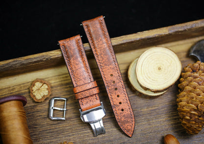 Waxy Brown Orange Leather Watch Strap 24mm 22mm 21mm 20mm Waxy Vintage Leather Watch Band Clasp Waxy Tan Brown Patina Leather 18mm 16mm 14mm