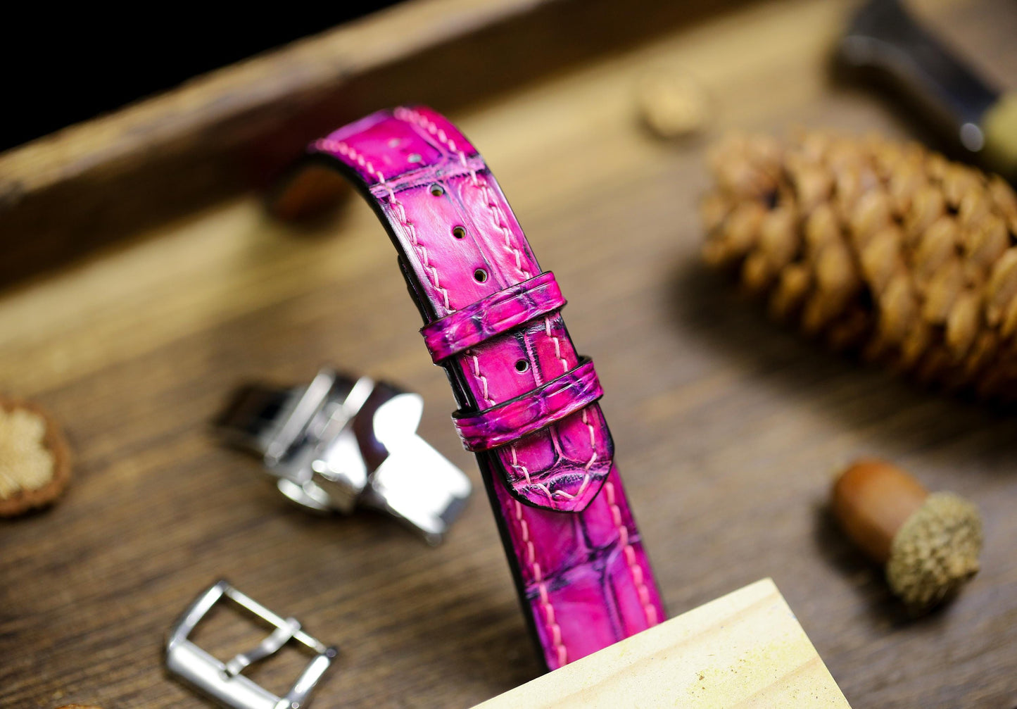 Cute Pink Alligator Patina Leather Watch Strap Sizes 14mm 15mm 16mm 18mm 19mm 20mm 21mm 22mm 23mm 24mm Watch Band Deployant Clasp Strap